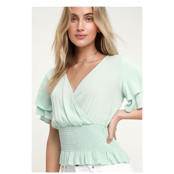 Lulus Mint Green Smocked Short Sleeve Blouse Sz XS - Picture 1 of 8